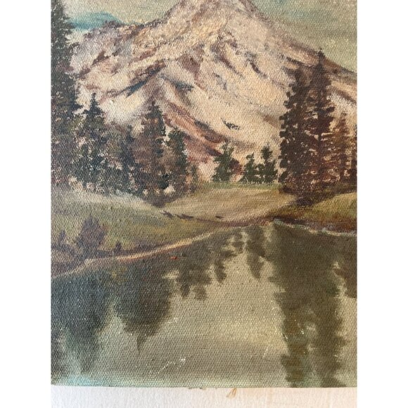 Vintage Distressed Charm Moody Mountain Landscape Oil Painting on Canvas 12"x16" - Picture 7 of 15